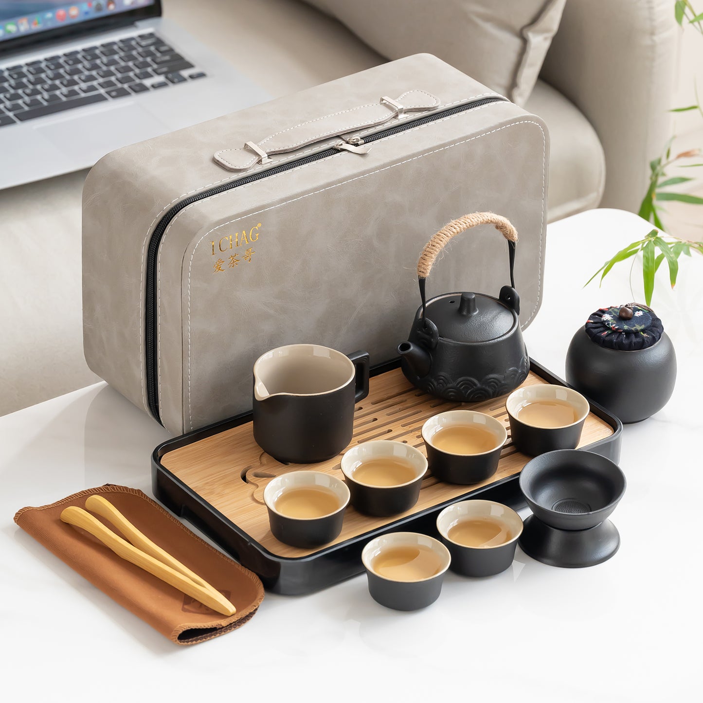 Asian tea set |Kungfu tea sets |Ceramic Portable tea set |tea sets for adult |13-piece withgrey leather case |Tea set gift for Home, Outdoor, Business (Ceramic-Black teaset)