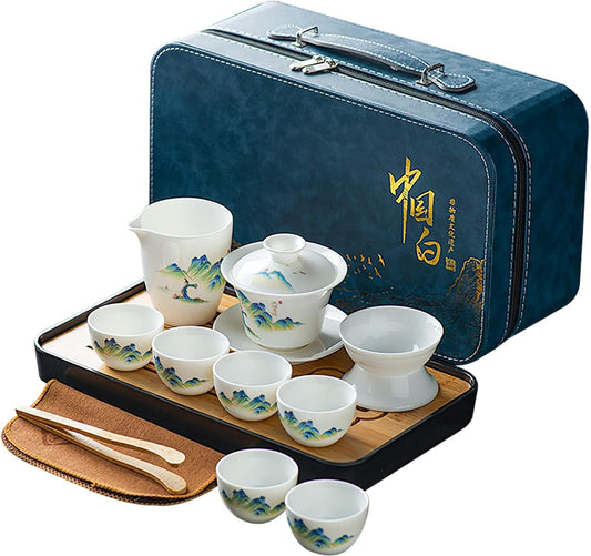 Gongfu tea set |羊脂玉茶具 |White Jade,Yangzhi Jade tea sets|gaiwan tea set|13-pieces| Verdant Green(只此青山 tea sets for adult (White Jade- Verdant Green)