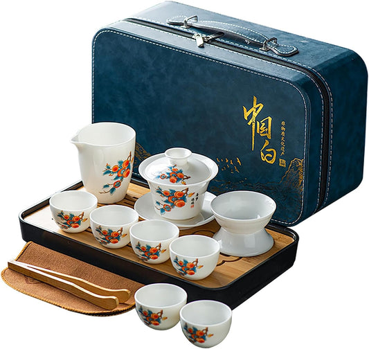 Gongfu tea set |羊脂玉茶具 |White Jade,Yangzhi Jade tea sets|gaiwan tea set|13-pieces|Joyful Celebrations(喜柿连连 tea sets for adult (White Jade - Joyful Celebrations)