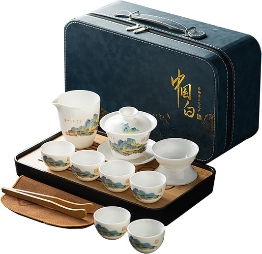 Gongfu tea set |羊脂玉茶具 |White Jade,Yangzhi Jade tea sets| gaiwan tea set |13-pieces |Thousand Miles Scenery(千里江山 tea sets for adult (White Jade - Thousand Miles Scenery)
