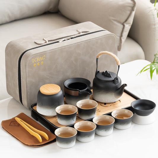 Porcelain Chinese Tea Set, Gongfu Tea Set, Ceramic Portable Tea Set, Tea Sets for Adult, 14-piece Withgrey Leather Case, Tea set gift for Home,Outdoor,Business (Ceramic-Black and White)